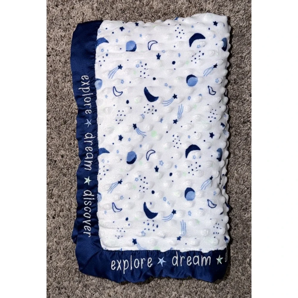 Just Born Baby Blanket Plush Blue White Explore Dream Discover Satin Minky Dot